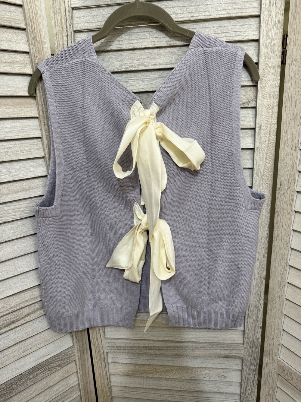 Grey Knit Sleeveless sweater vest with Cream Ribbon Back Ties